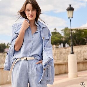 Lands End Blue 100% Linen‎ Utility Shirt Jacket Unlined Blazer Size M/P